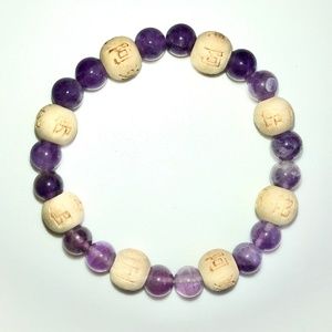 KARMALOGY Lucky Karma Amethyst Crystal + Wood Beaded Stretch Bracelet Unisex NEW